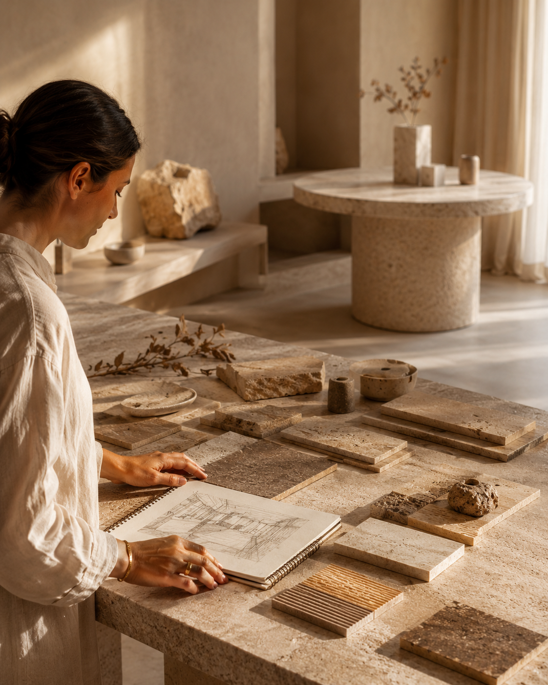 Designer reviewing natural stone samples and materials as part of the OIXDESIGN design approach