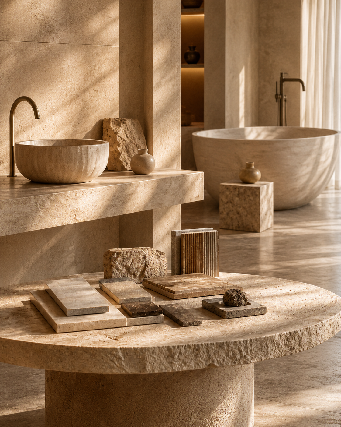 Natural stone materials and sculptural bath pieces in a warm interior reflecting the OIXDESIGN story