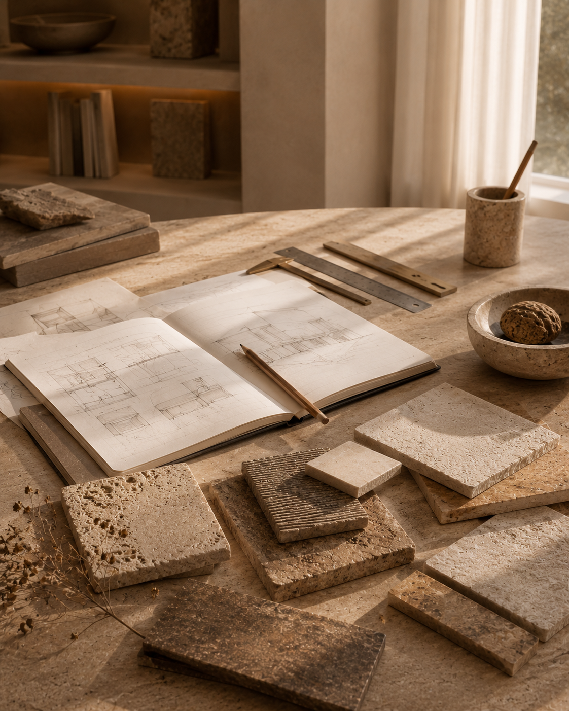 Natural stone samples, sketches, and design materials representing the OIXDESIGN Stone and Soul page