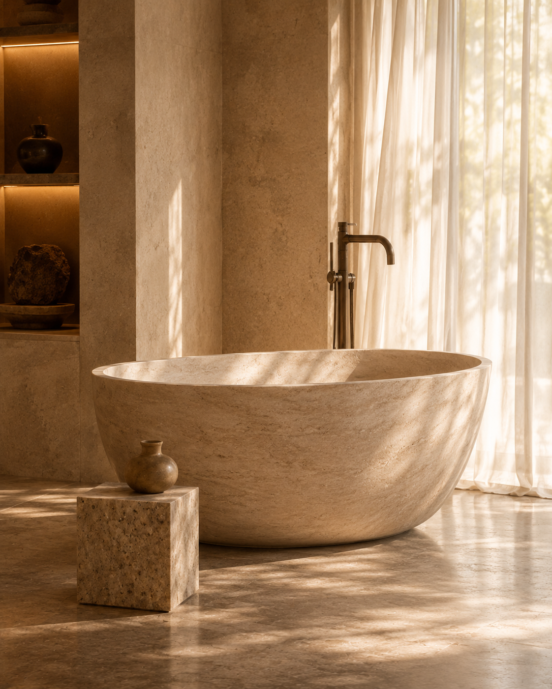 Luxury bathroom with a sculptural natural stone bathtub in warm sunlight