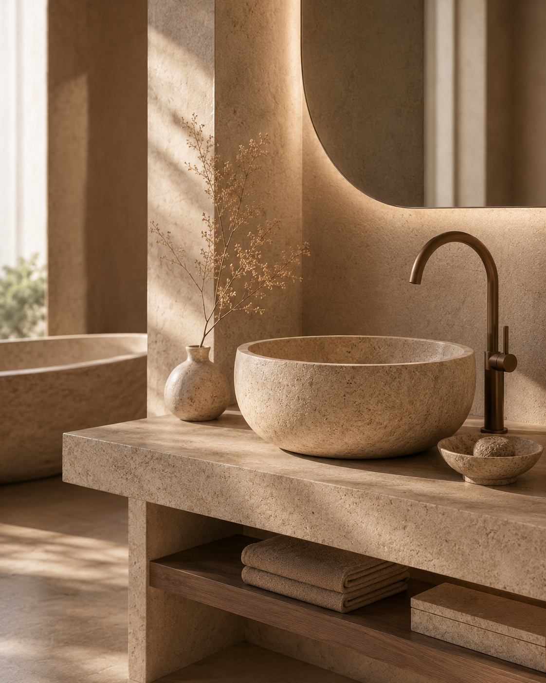 Natural stone vessel sink displayed in a warm minimalist bathroom vanity setting