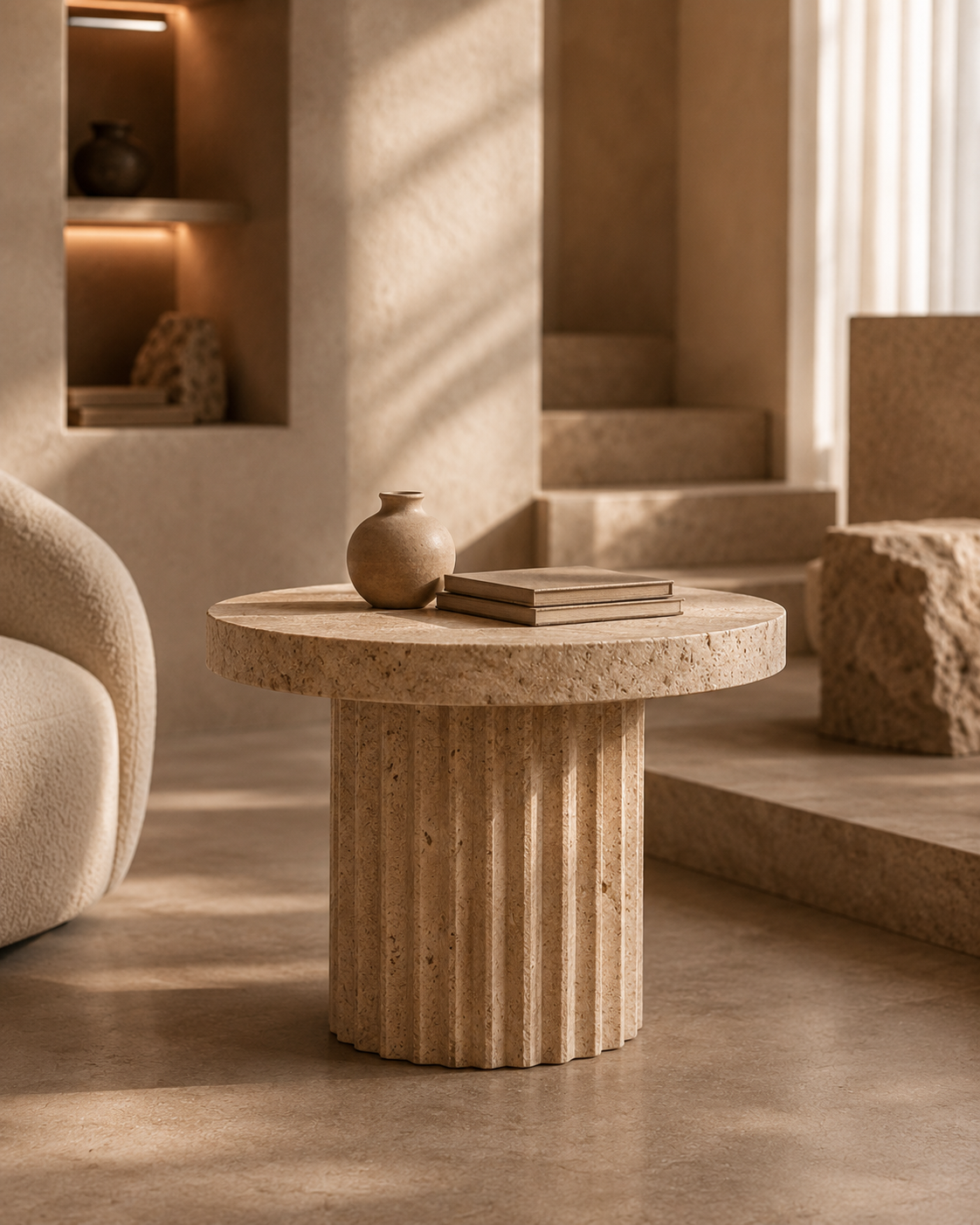 Sculptural natural stone side table in a serene minimalist interior
