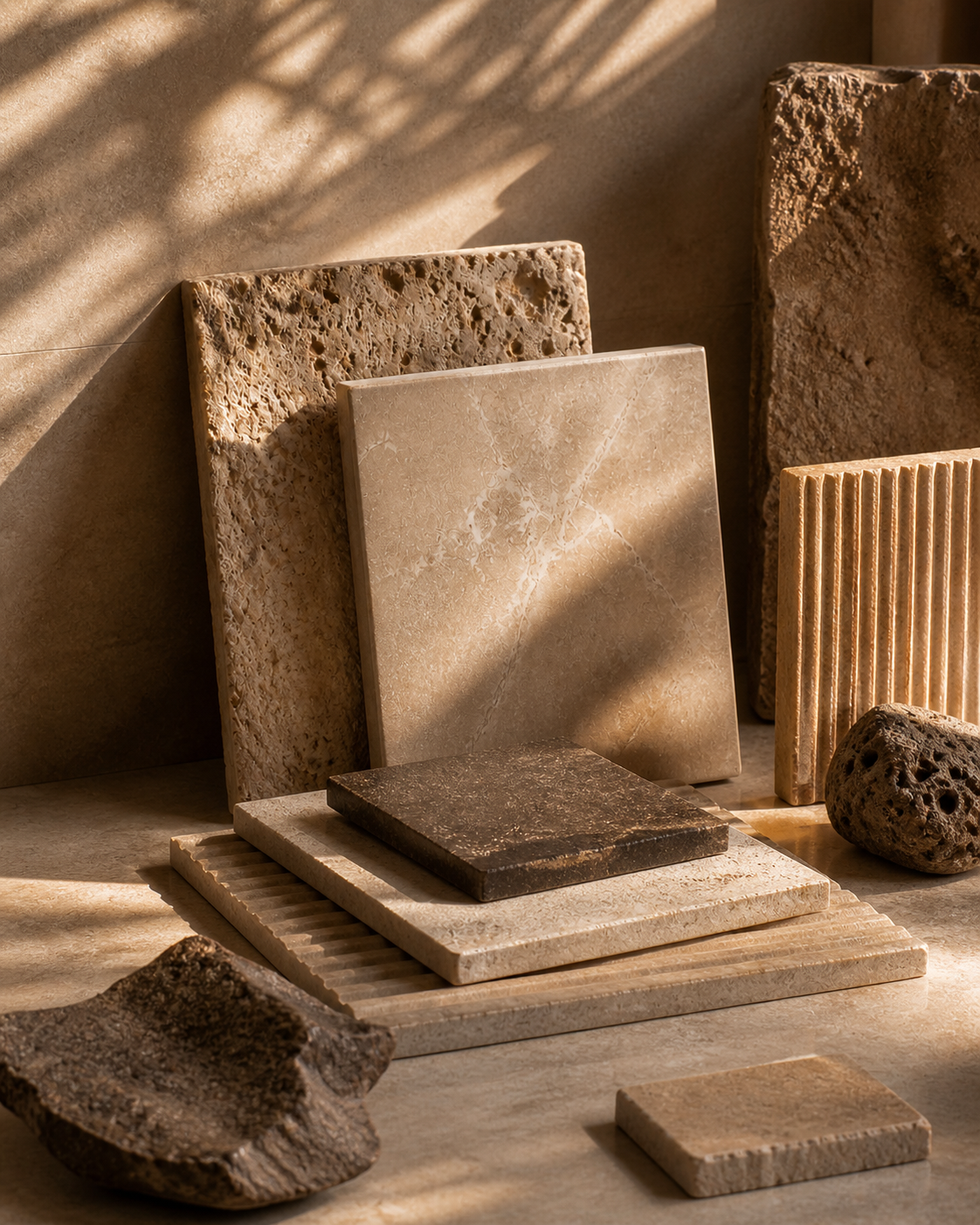 Thoughtful natural stone material study with layered stone samples and textured pieces