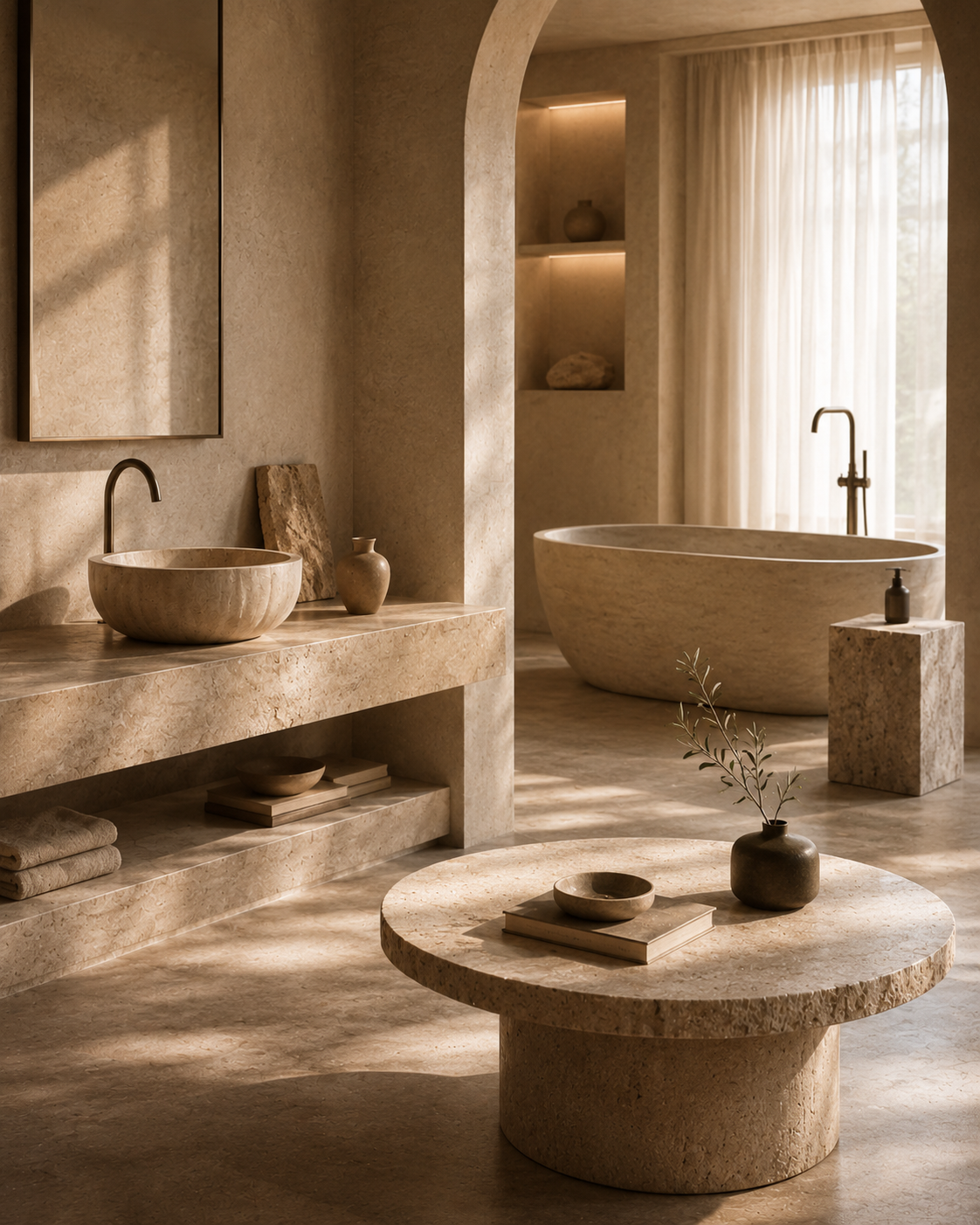Sculptural natural stone furniture and bath design pieces in a calm minimalist interior