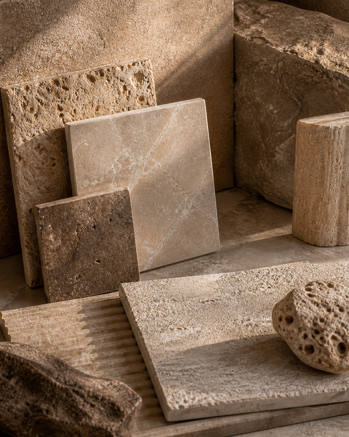 Composition of natural stone slabs and textured stone samples showing material character