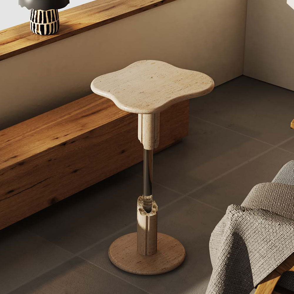 Elevated view of the AeroCloud cocktail table beside a wooden bench