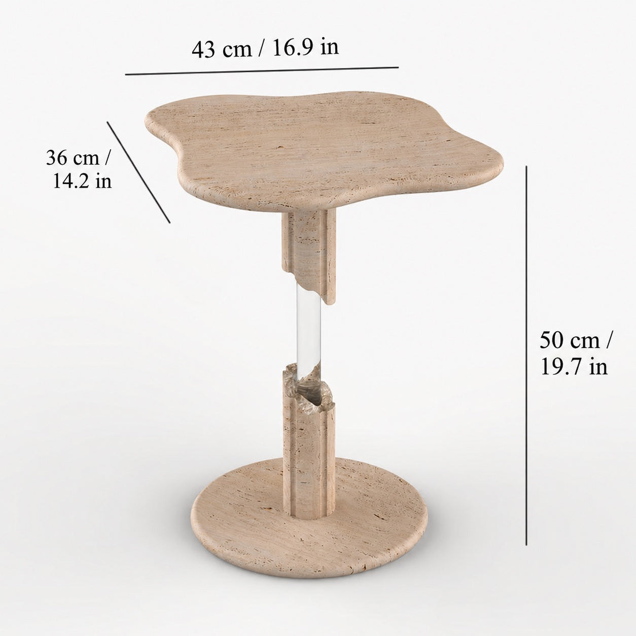 OIXDESIGN AeroCloud travertine side table size and dimensions in cm and inches