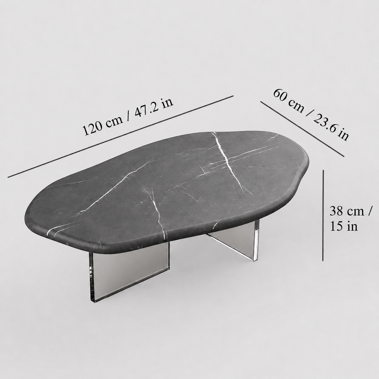 AquaFlow Black Marquina marble coffee table dimensions, 47.2 W × 23.6 D × 15 H in (120 × 60 × 38 cm)