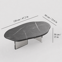 AquaFlow Black Marquina marble coffee table dimensions, 47.2 W × 23.6 D × 15 H in (120 × 60 × 38 cm)
