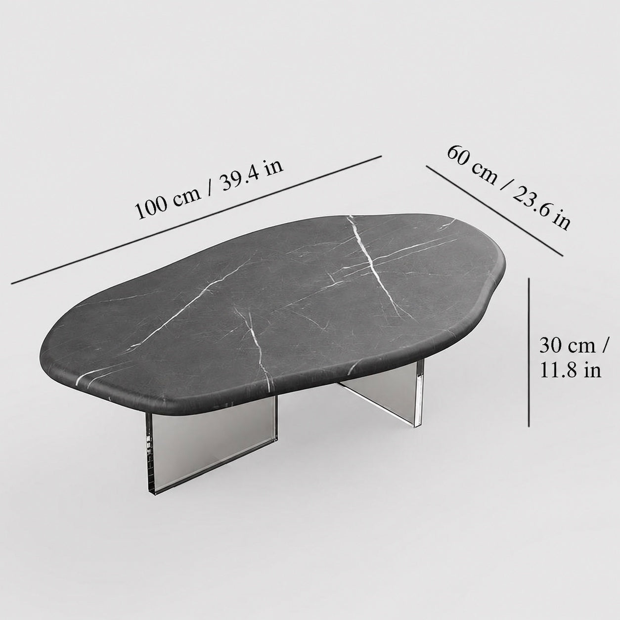 OIXDESIGN AquaFlow black marquina marble coffee table size and dimensions in cm and inches