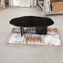 Actual finished AquaFlow Black Marquina marble coffee table with clear acrylic bases, front workshop view