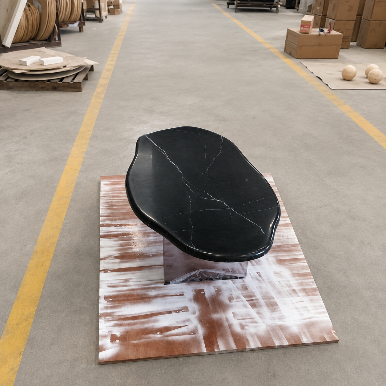 Actual finished AquaFlow Black Marquina marble coffee table, three-quarter workshop view