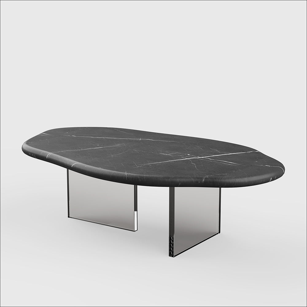 AquaFlow Black Marquina marble coffee table with clear acrylic bases