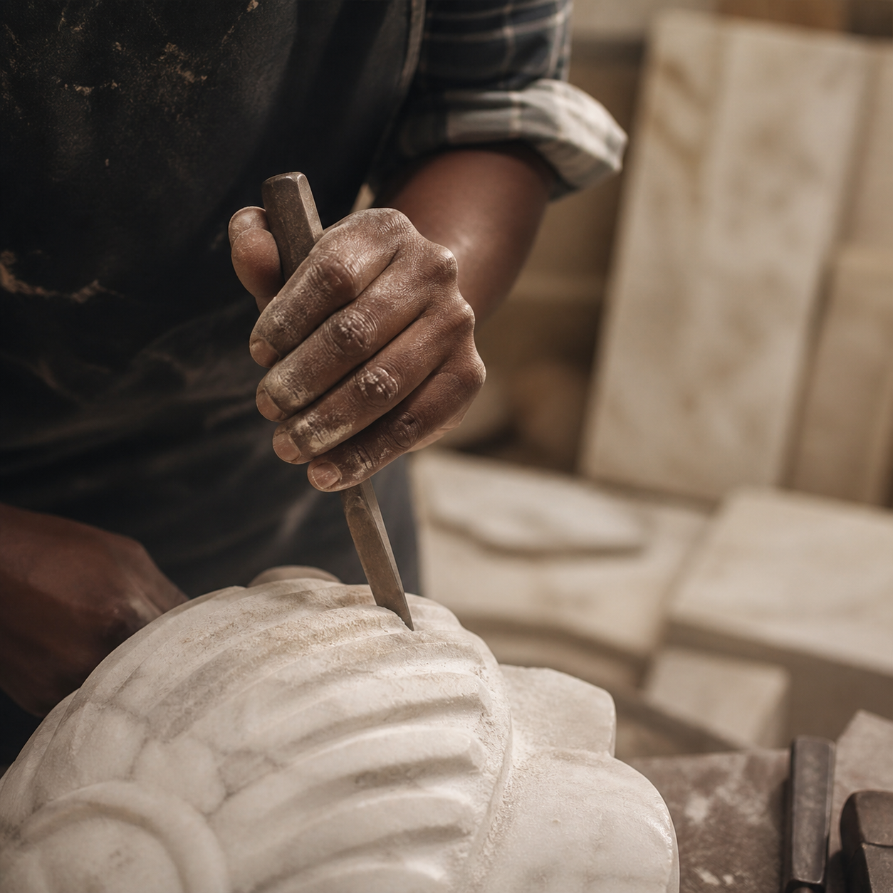 Artisan carving and shaping a natural stone basin by hand in the workshop