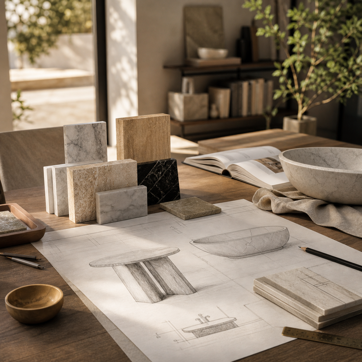 Custom bath project planning scene with stone samples, sketches, and design materials