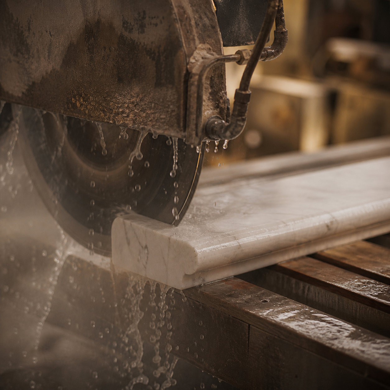 Laser-guided cutting and layout planning on a marble slab for natural stone craftsmanship