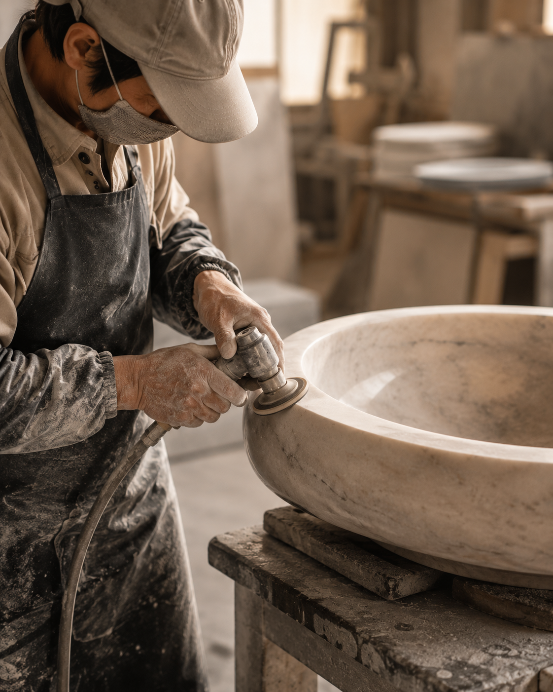 Precision cutting and edge refinement on a marble stone piece during workshop production