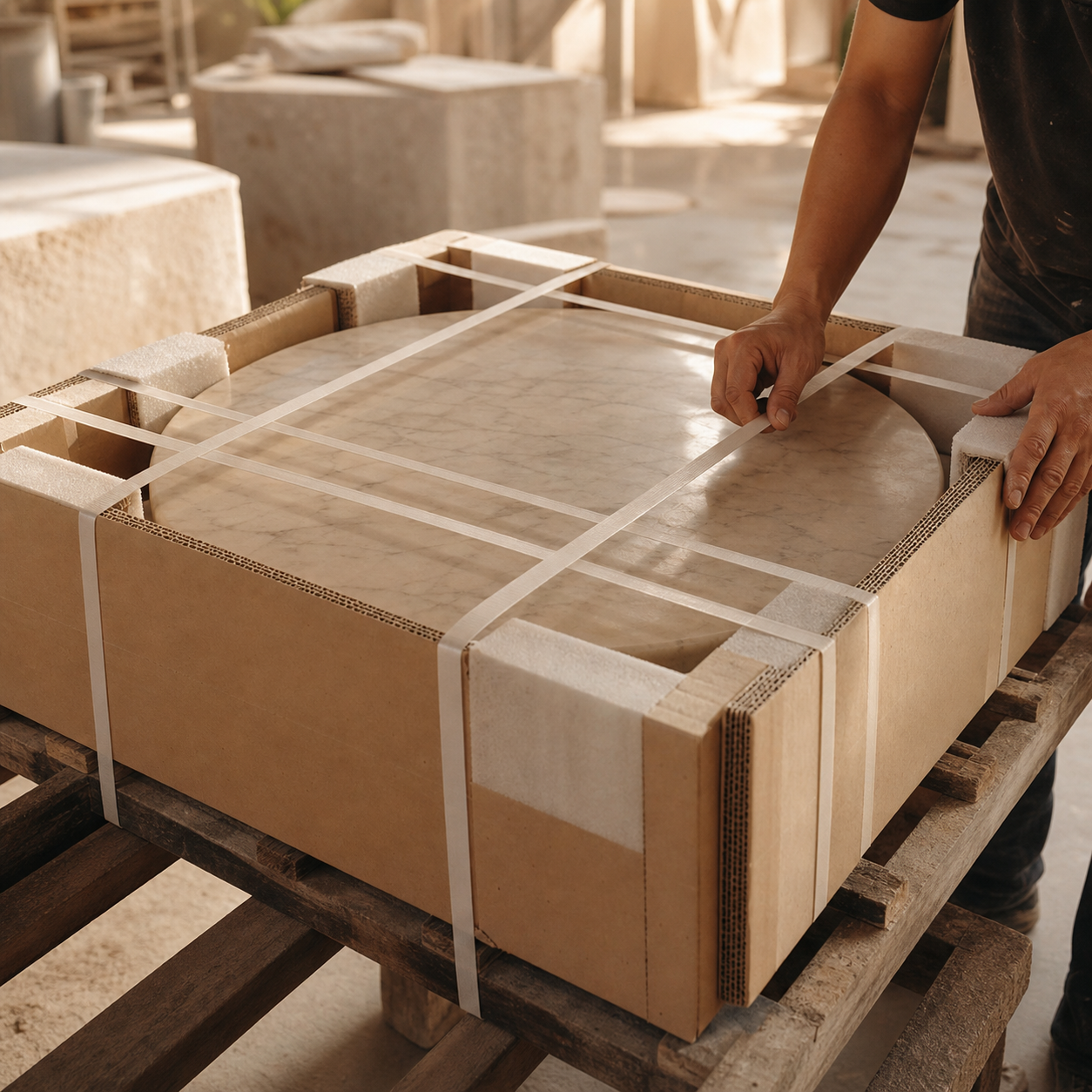 Natural stone piece secured with protective packing for export-ready delivery preparation