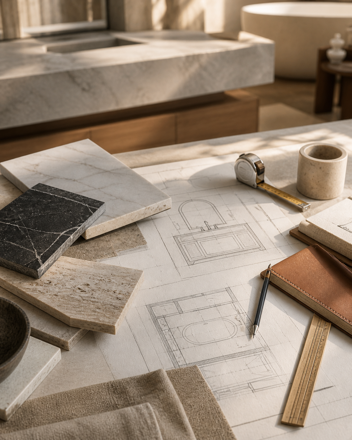 Stone design planning workspace showing materials, drawings, and bath project development