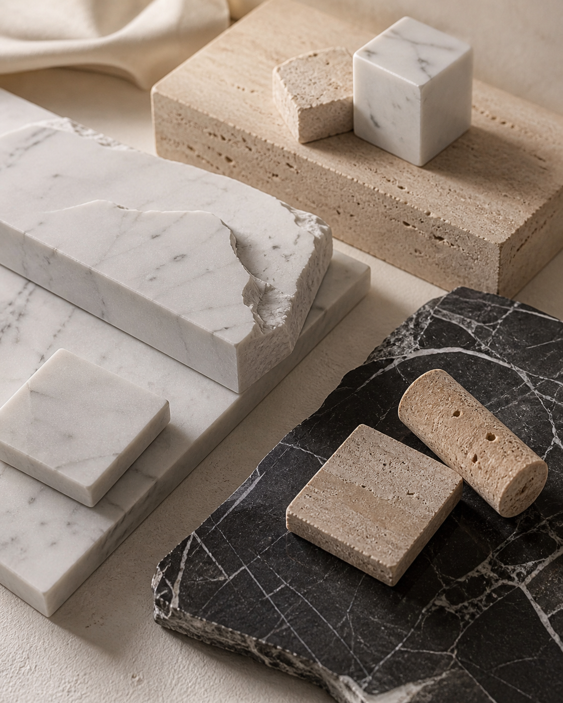 Natural stone selection with marble, travertine, and black stone samples for furniture and bath craftsmanship