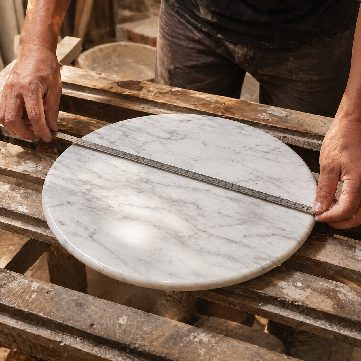 Quality inspection and fit check for a finished natural stone piece in the workshop
