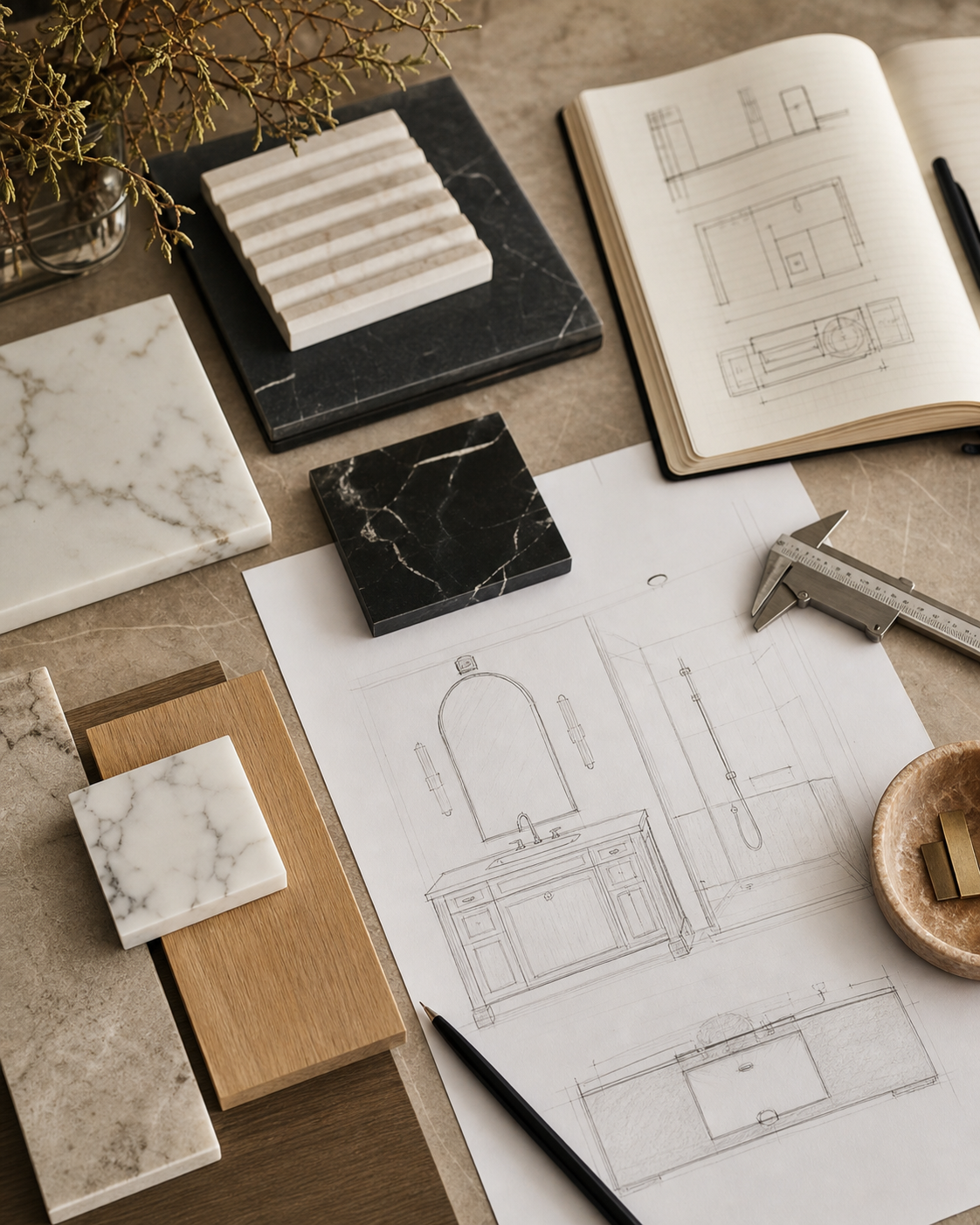Stone project consultation workspace with material samples, technical sketches, and design notes