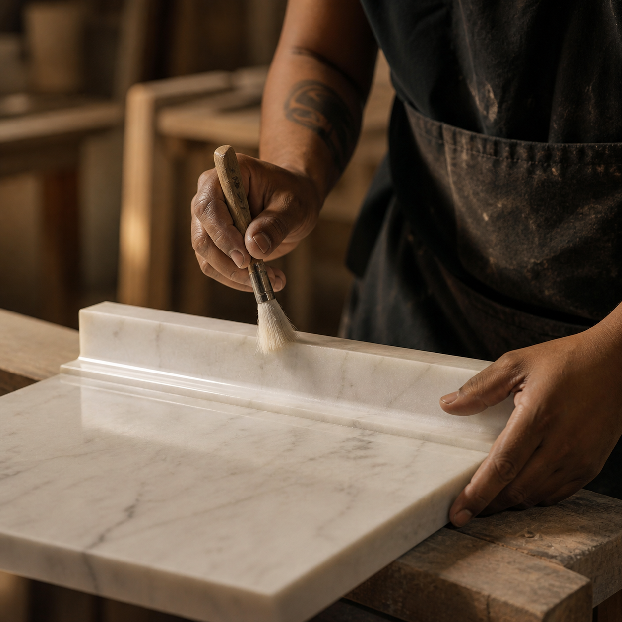 Artisan applying surface protection to a marble stone piece during the finishing process
