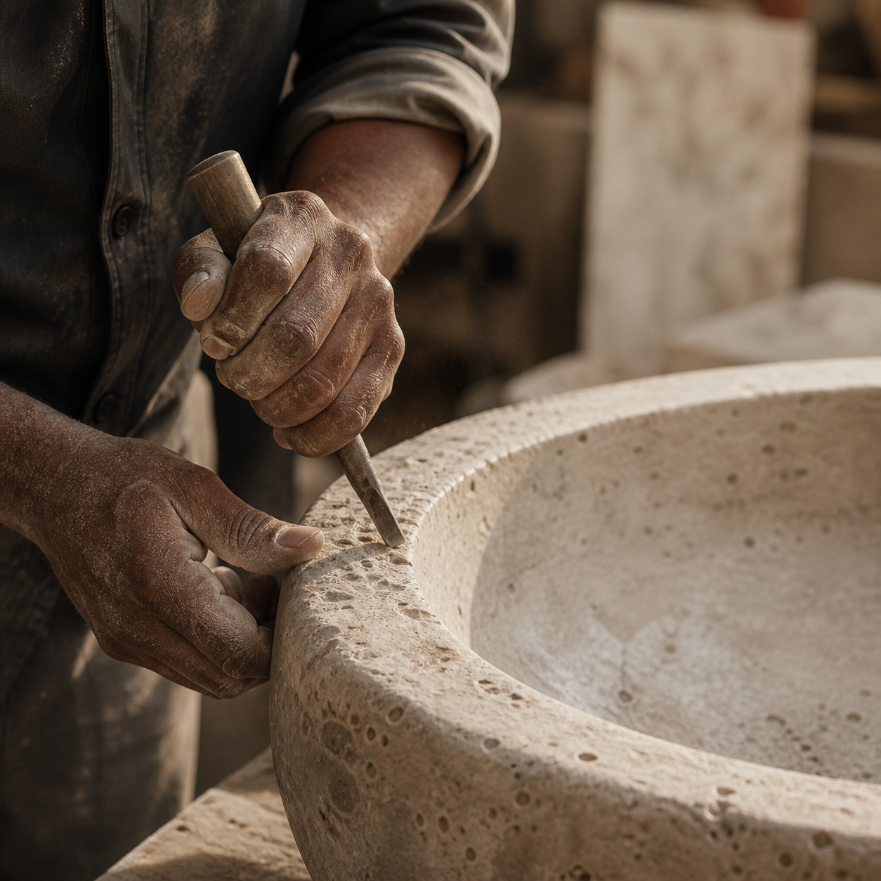 Artisan shaping a natural stone basin by hand during the stone craftsmanship process