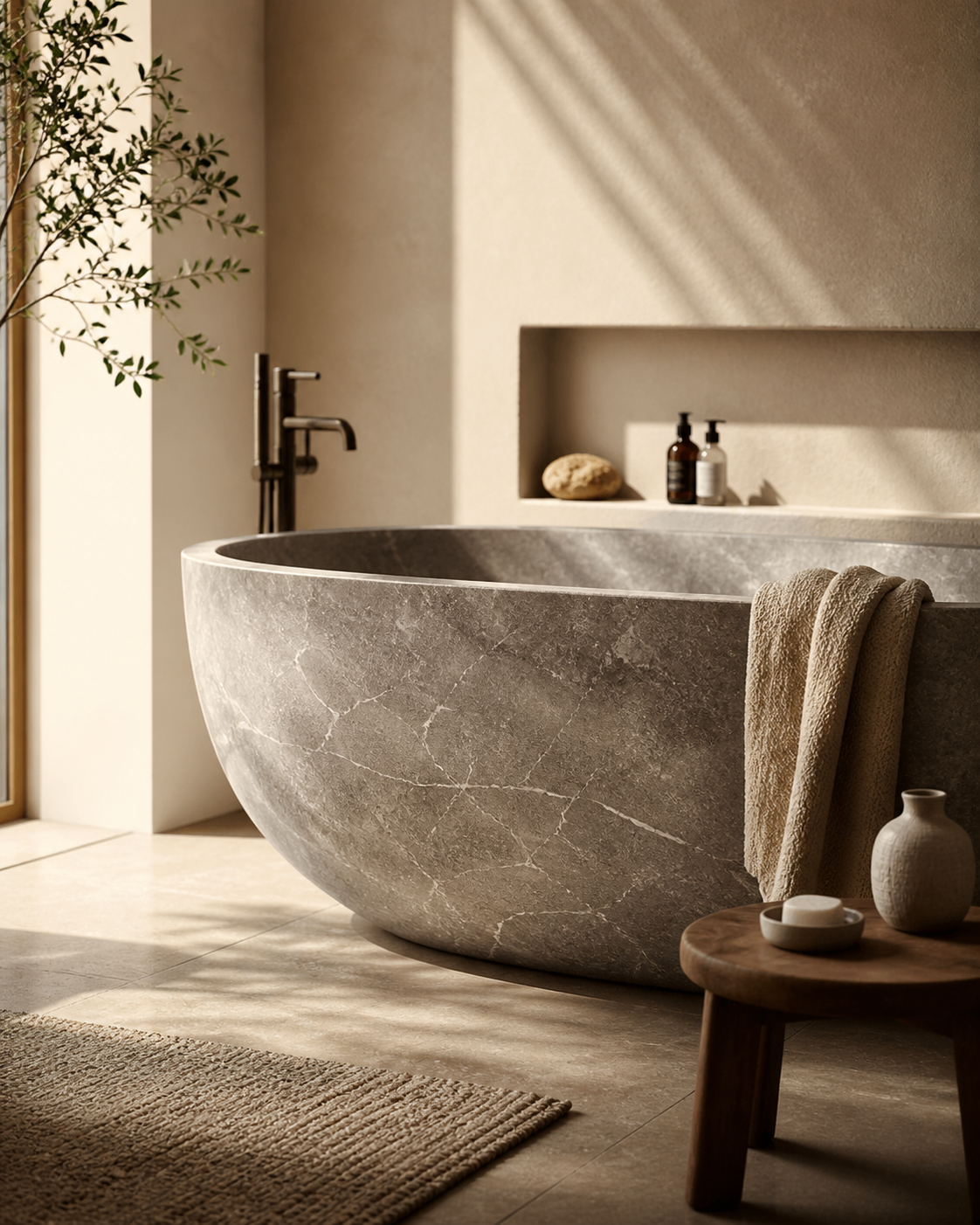 Luxury natural stone bathtub in a warm minimalist bathroom interior
