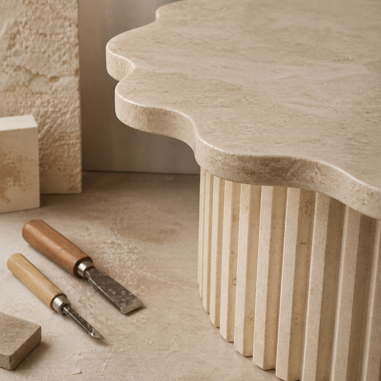 Close-up of handcrafted natural stone detailing and carving tools at OIXDESIGN