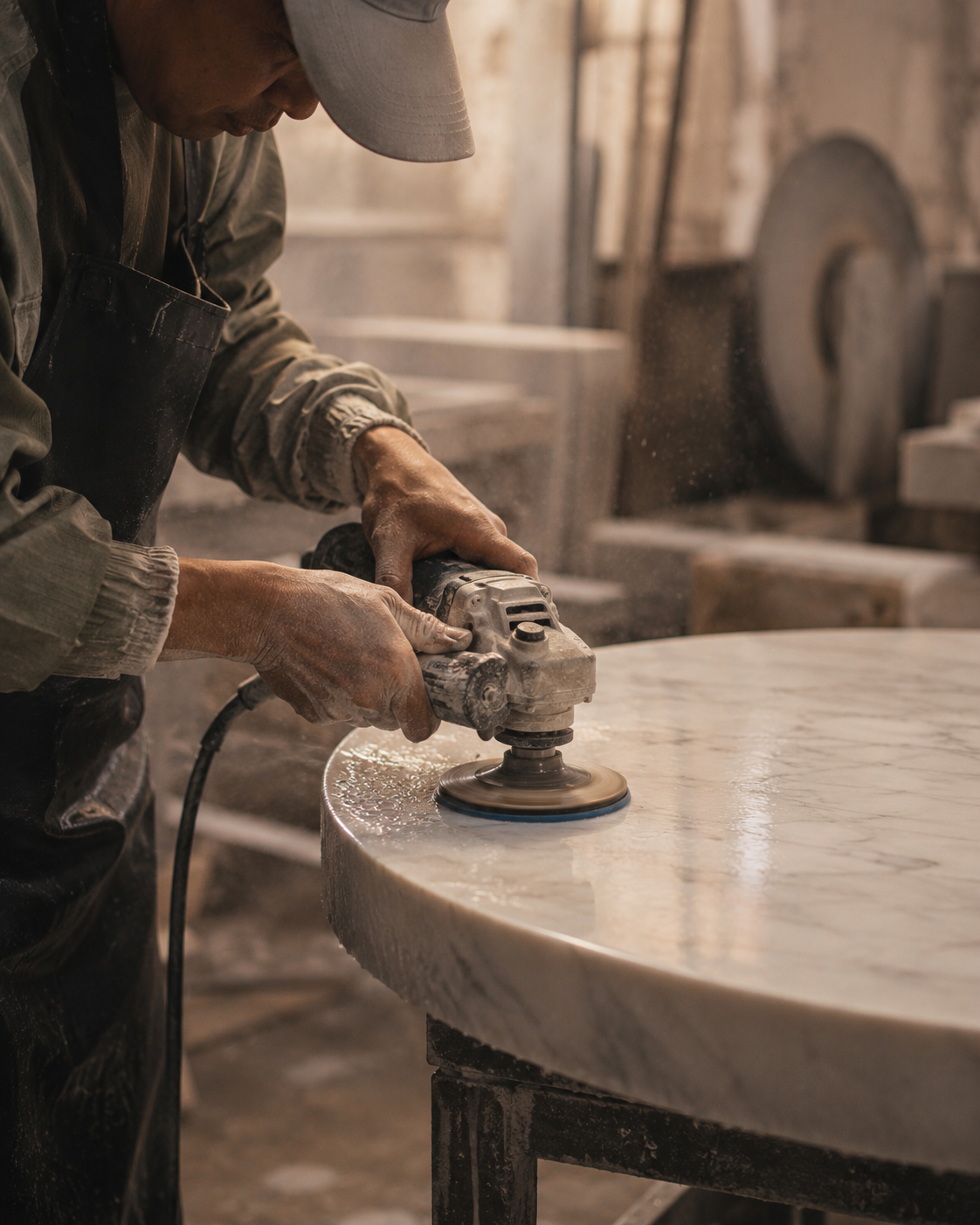 Polishing a marble stone surface to refine the finish and natural stone texture