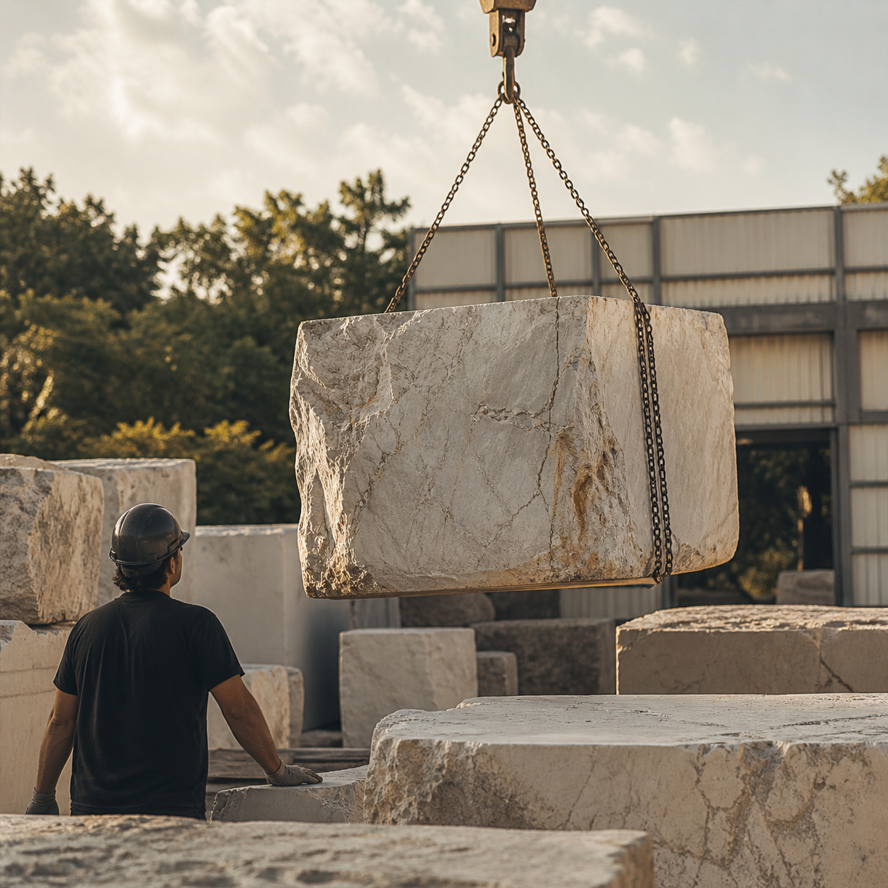 Natural stone block being lifted in the stone yard for OIXDESIGN material selection
