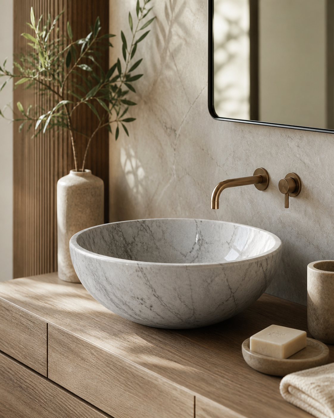 Natural stone vessel sink styled in a warm bathroom setting