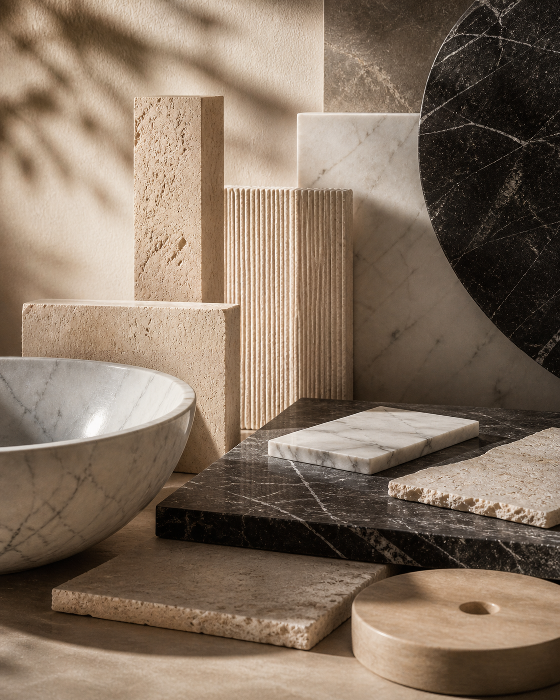 Curated natural stone materials showing marble, travertine, and sculptural stone elements