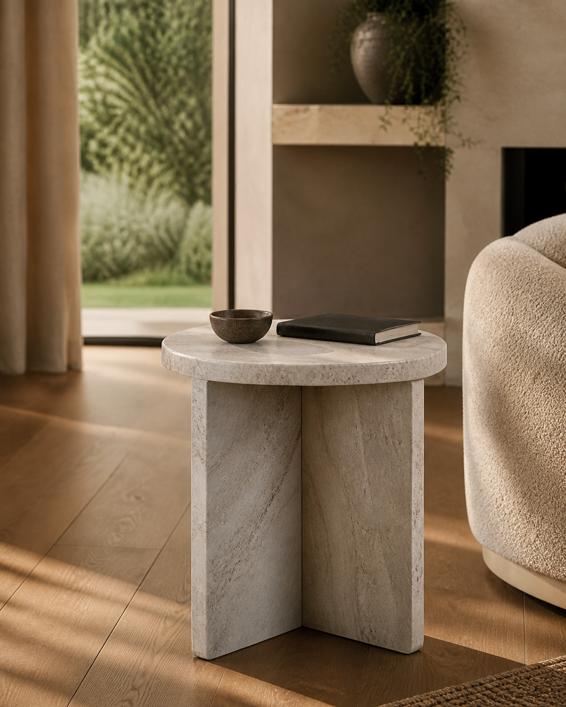 Minimal natural stone side table in a warm interior setting