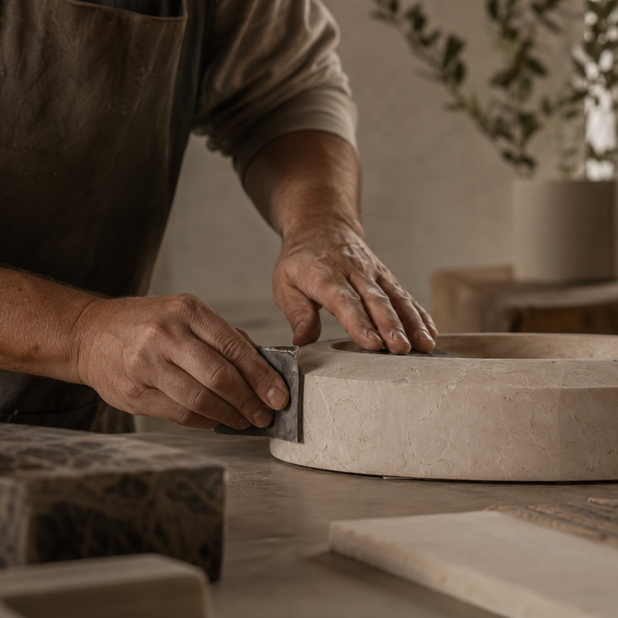 Artisan stone craftsmanship scene showing careful hand-finishing for OIXDESIGN natural stone furniture and custom pieces.