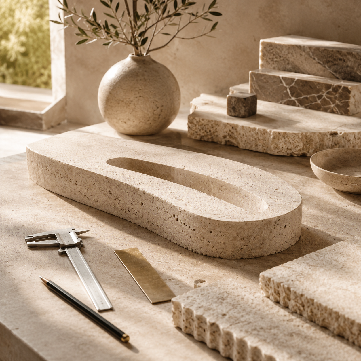 Stonework tools in a minimalist workshop representing artisan craftsmanship at OIXDESIGN