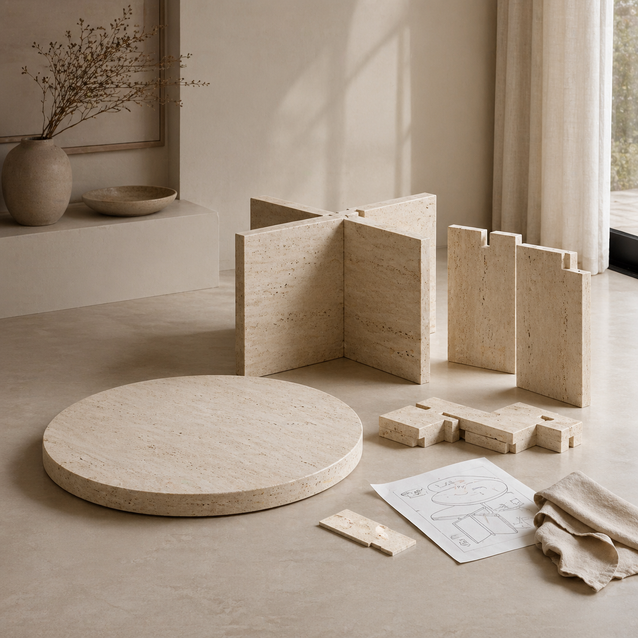 OIXDESIGN modular natural stone table components arranged with assembly instructions