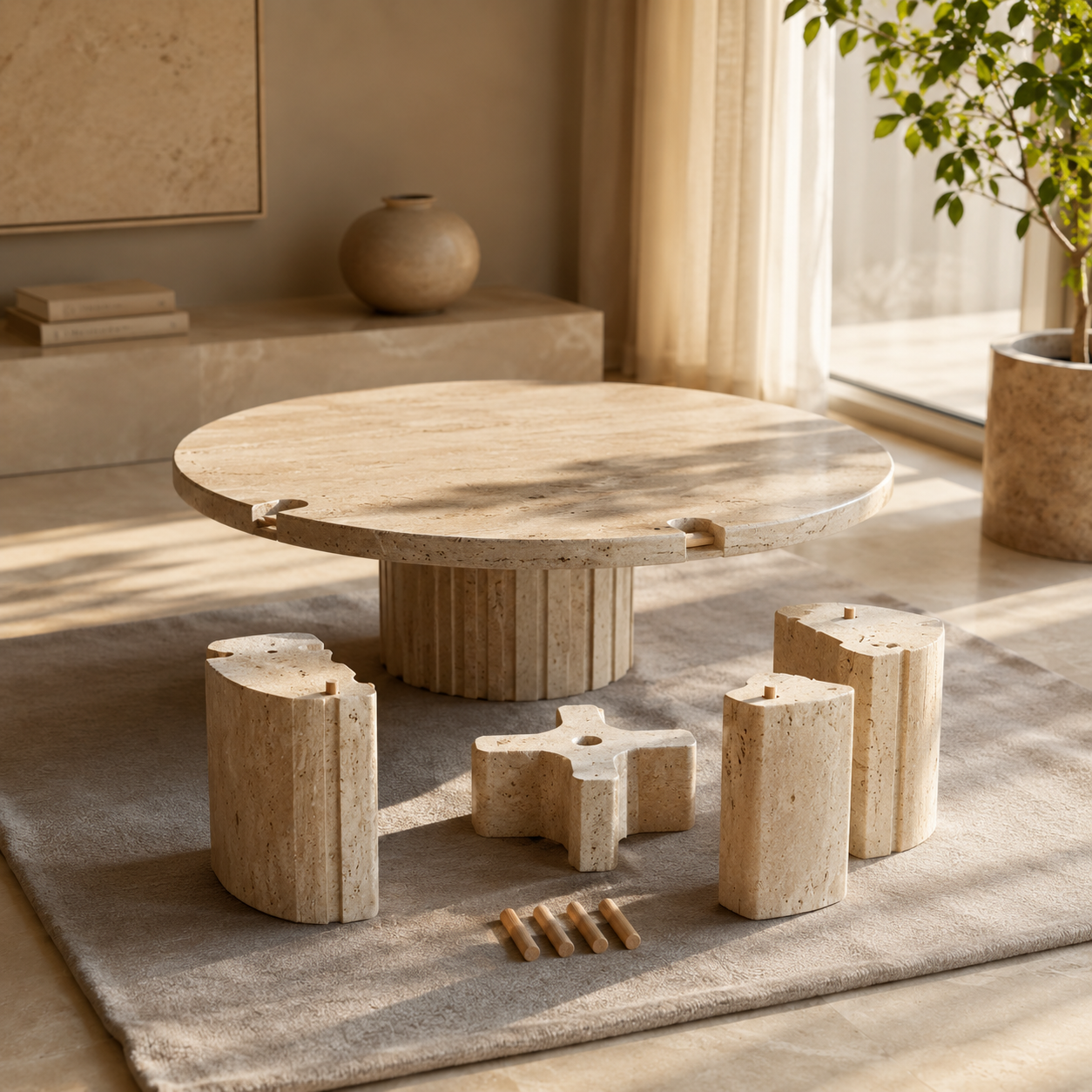 Modular natural stone table components arranged for tool-free assembly in a warm interior.