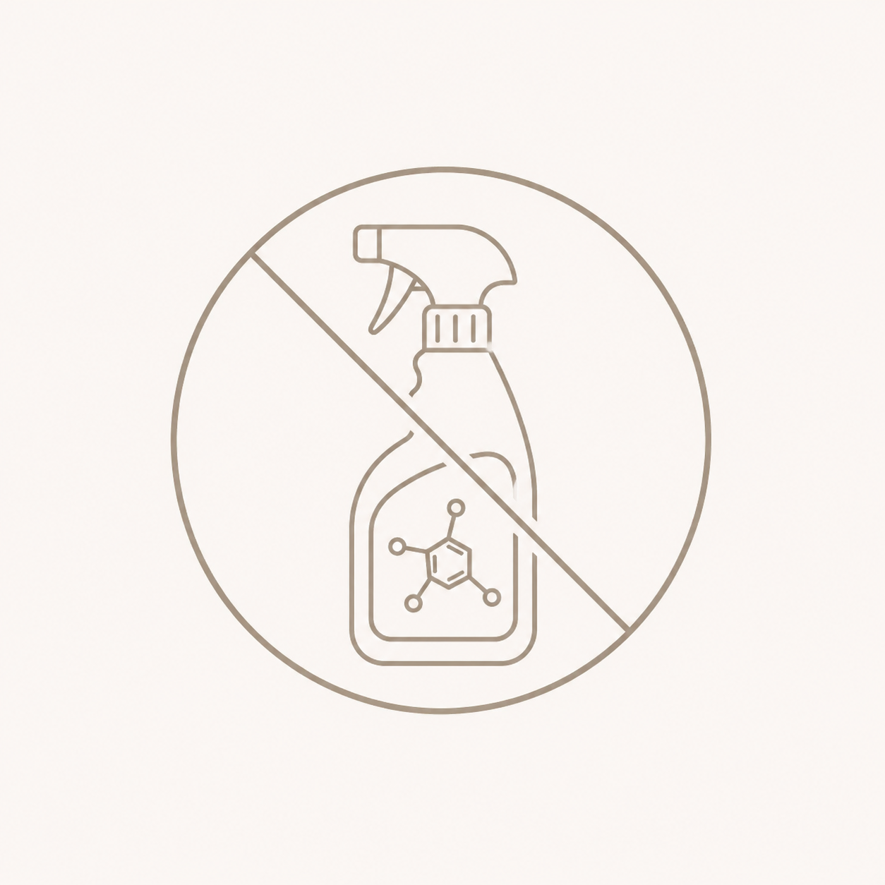 Minimal line icon of a cleaning spray bottle with a prohibition symbol, representing avoidance of harsh cleaners on natural stone.