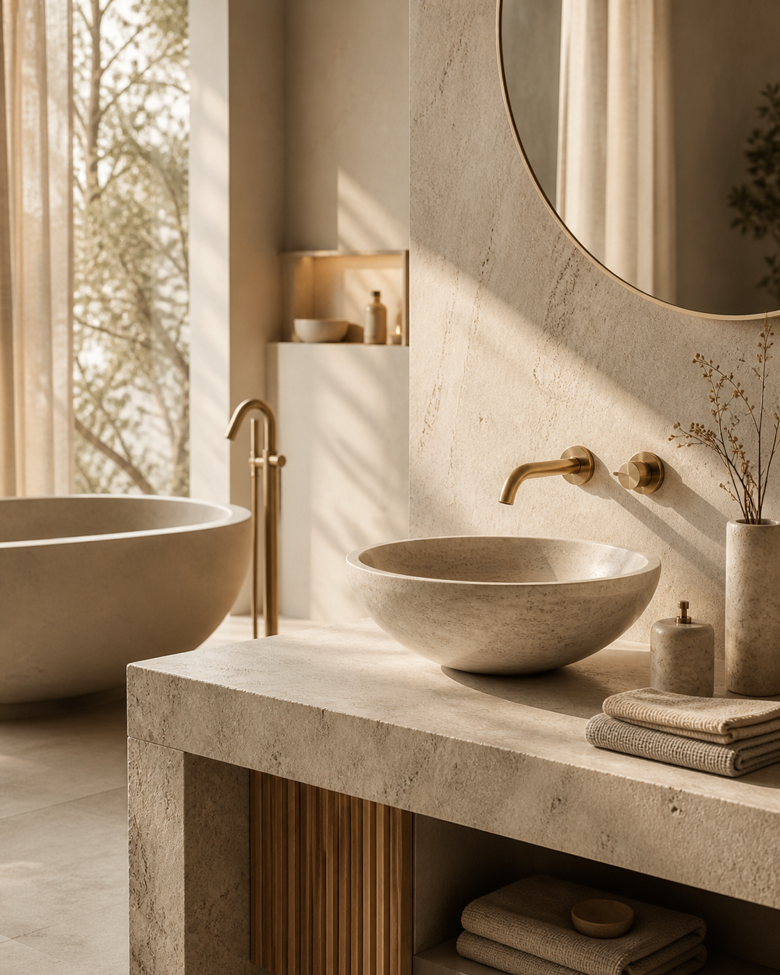 Warm natural stone bathroom with a vessel sink and freestanding bathtub for the OIXDESIGN Bath collection