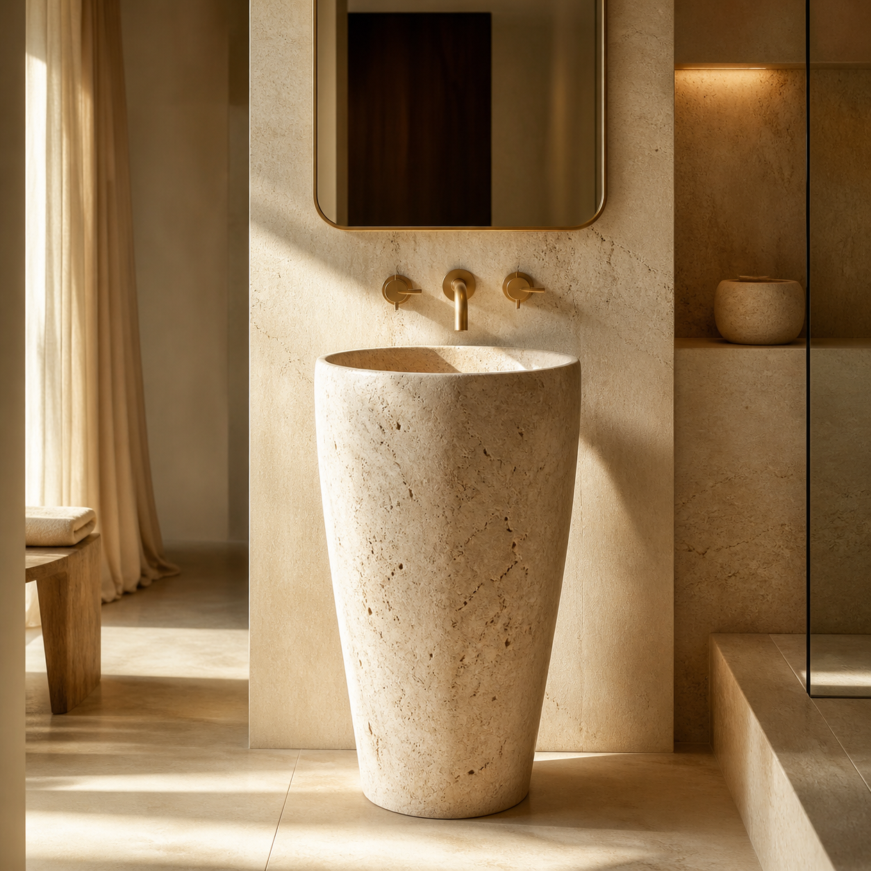 Warm luxury bathroom with a freestanding travertine pedestal sink for the OIXDESIGN Bath collection