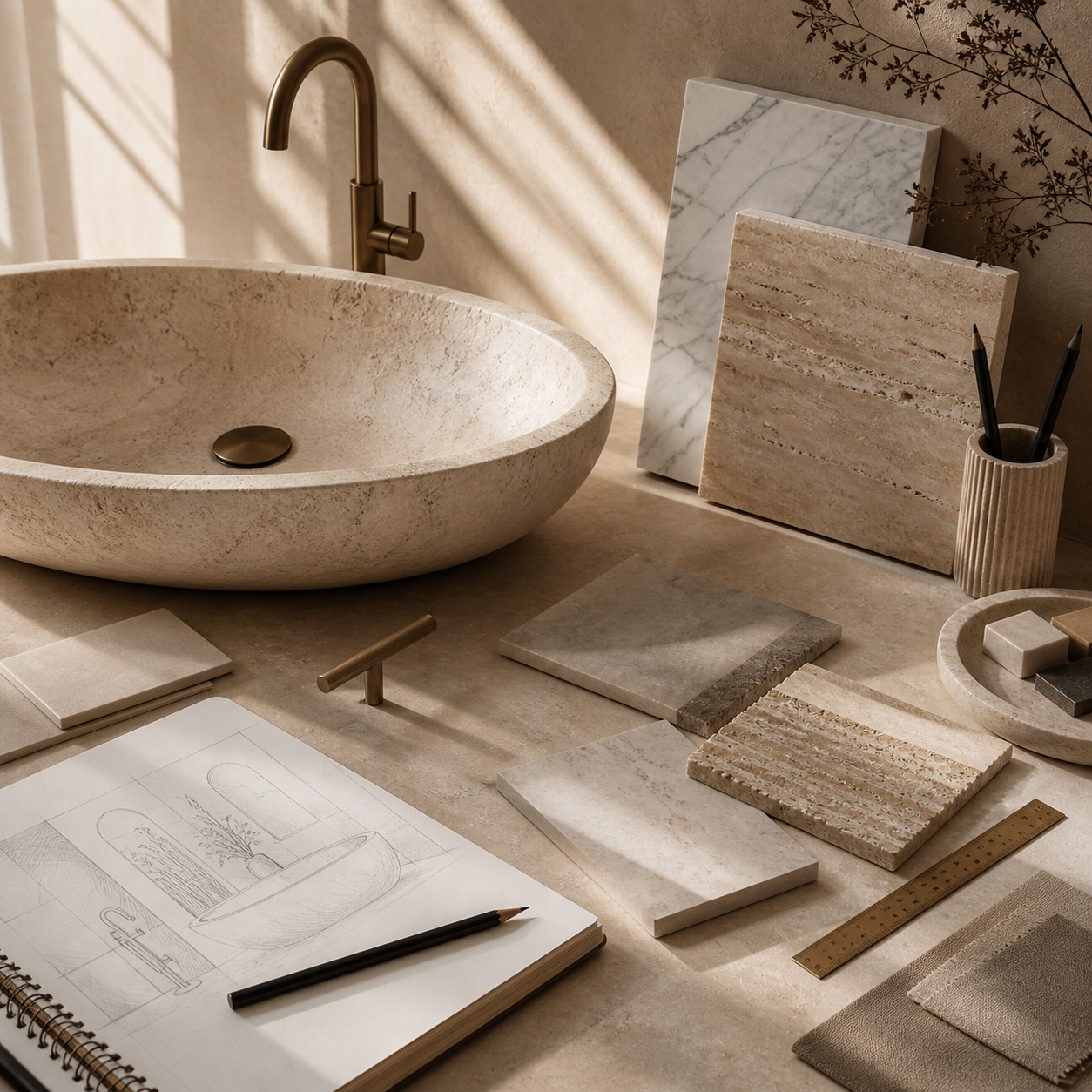 OIXDESIGN custom bath project planning image with stone materials and design study