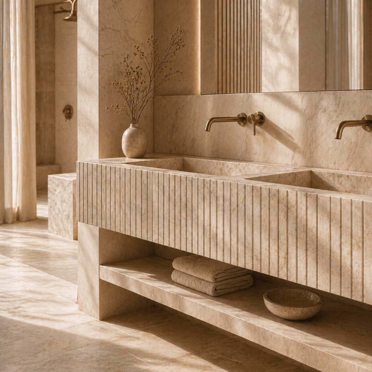 OIXDESIGN integrated natural stone vanity in a refined hospitality-style bathroom project with warm neutral tones.