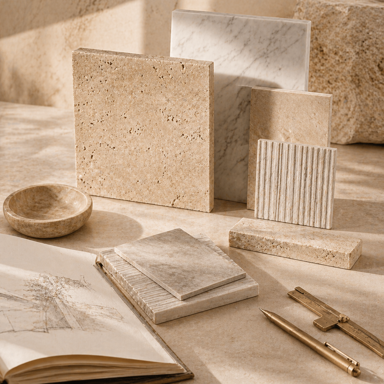 OIXDESIGN natural stone material and finish samples for bath projects, including marble and travertine selections.