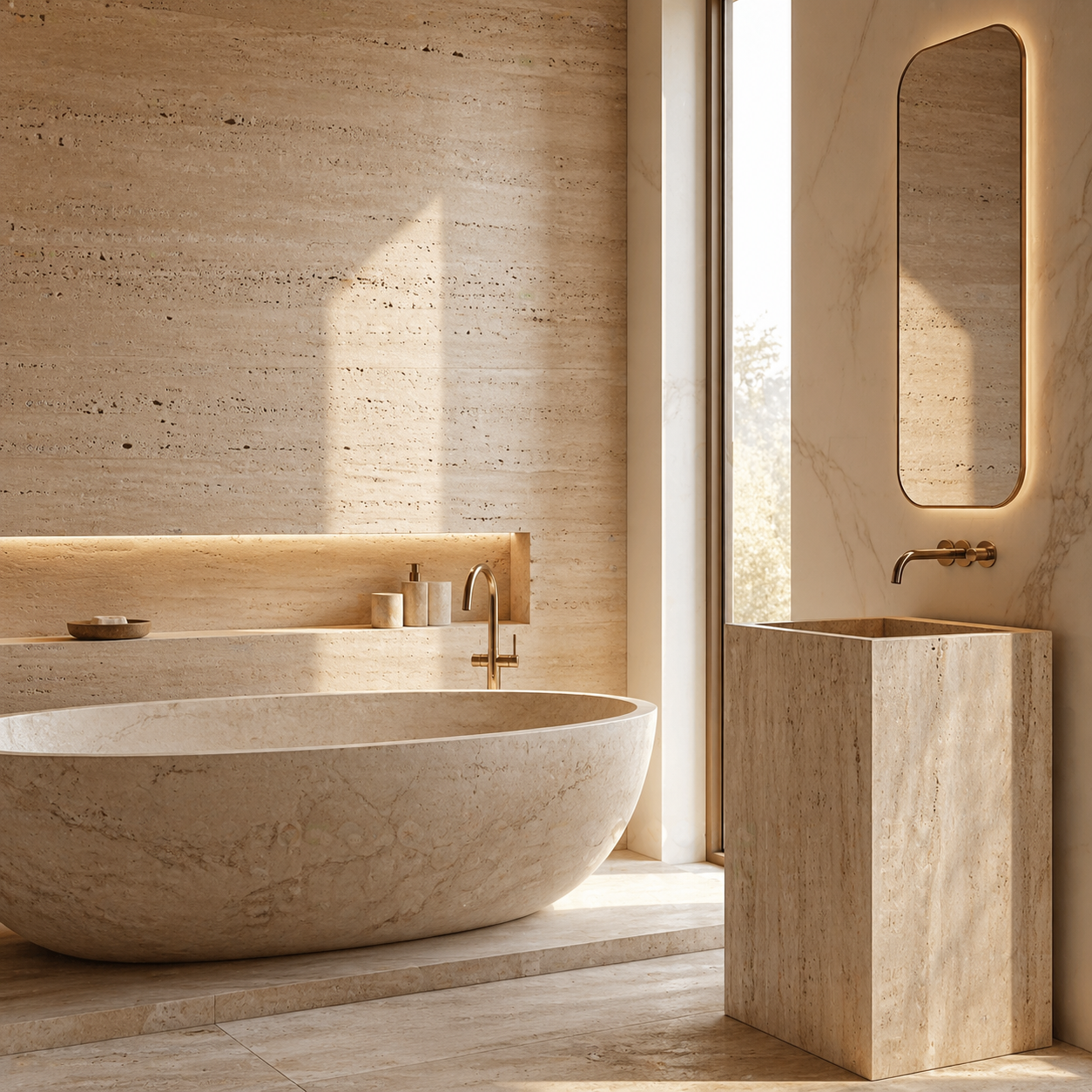 OIXDESIGN natural stone bathtub and pedestal sink in a warm luxury bathroom setting