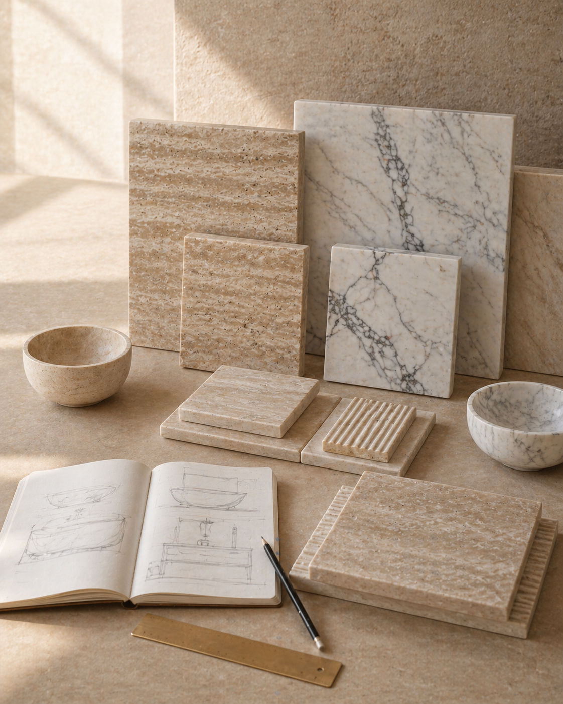 OIXDESIGN natural stone materials and finishes selection with marble, travertine, stone samples, and bath design sketches