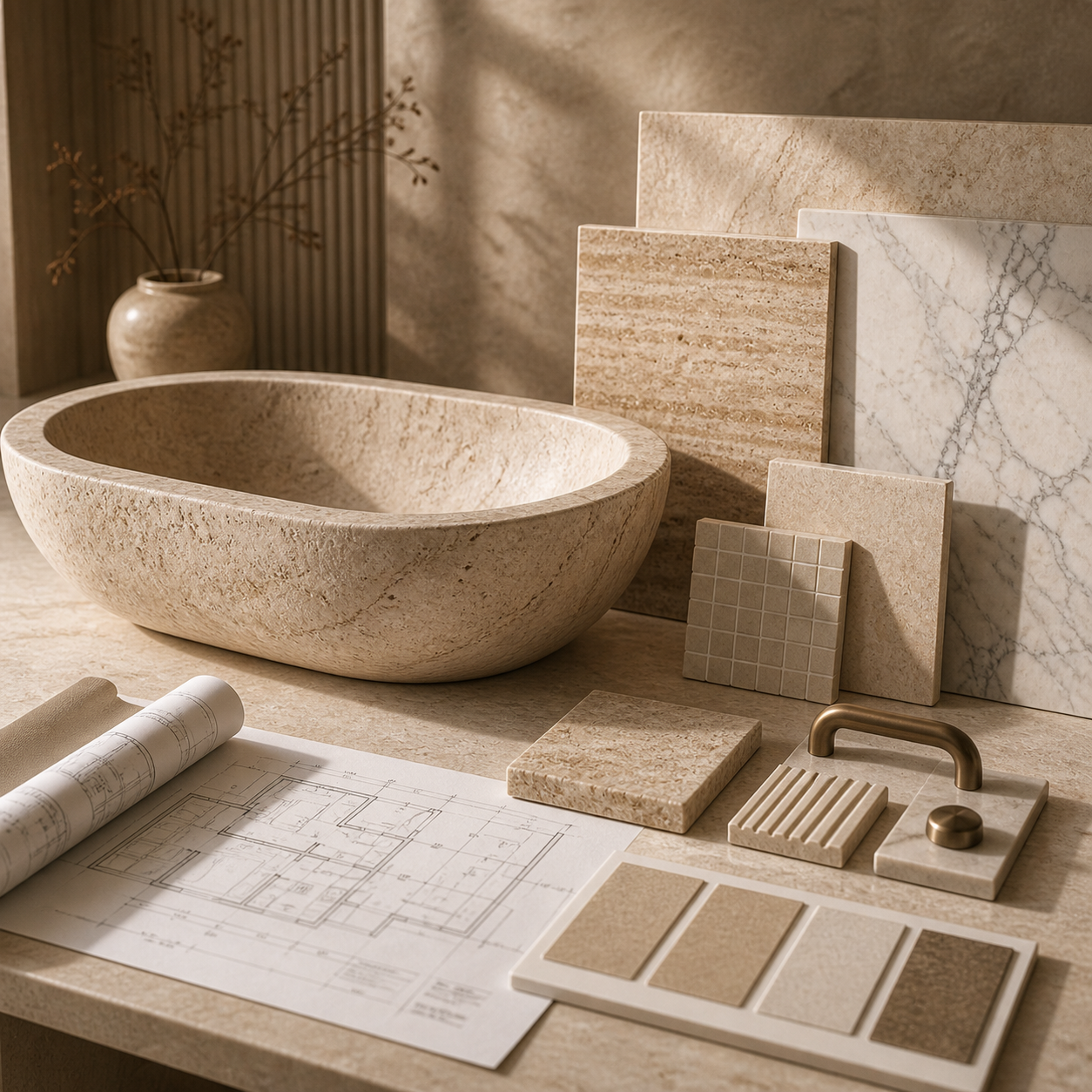 OIXDESIGN project-ready stone solutions with curated material board and design setup