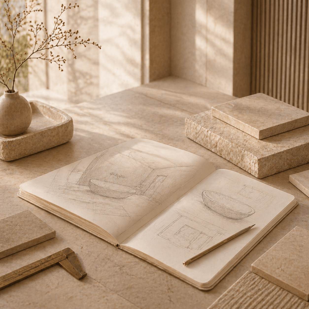 OIXDESIGN bath project planning workspace with natural stone samples, sketches, and design tools for custom quote inquiries.