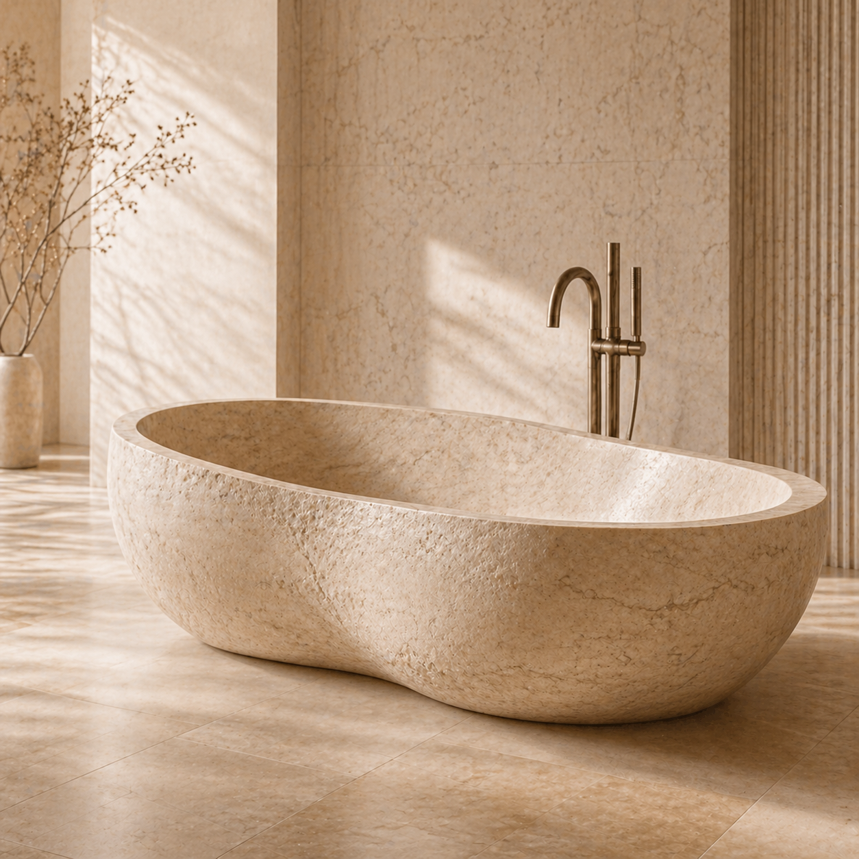 OIXDESIGN freestanding natural stone bathtub in a warm minimalist bathroom with soft natural light.